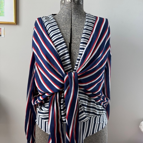 Zara Red White Blue Striped Long Sleeve Tie Front Bodysuit Size Medium - Picture 1 of 11